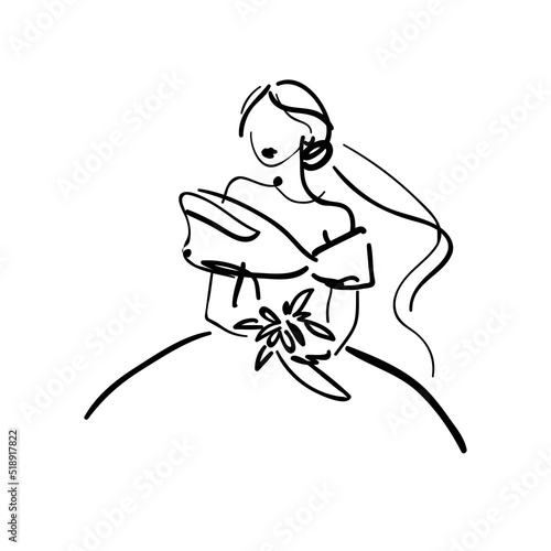 Bride. Vector black and white sketch illustration of a lady in a vale, wedding dress, with a bouquet. Young beautiful woman, girl portrait. Continuous line art, hand drawn. Logo idea. Wedding