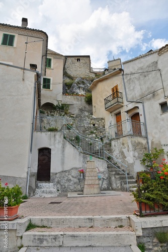 The facade of old houses in Pietracupa, a mountain village in the Molise region in Italy. © Giambattista