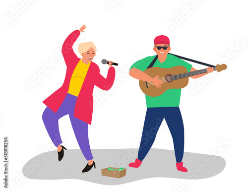 street musicians singing woman and man playing guitar vector illustration