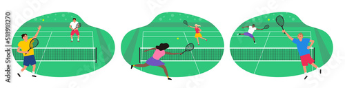 men and women playing tennis tournamet championship web page banner design vector illustration