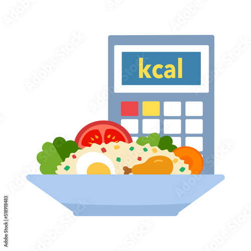 Meal with calorie calculation in flat design on white background.