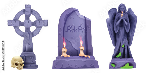 Tombstone grave creepy halloween set, stone grave monument, ancient cross, rock angel statue. Spooky cracked headstone, cemetery gothic illustration, graveyard candle, skull. Tombstone grave clipart