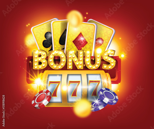 3D online casino gambling game illustration, cards, bonus sign, vector golden reel slot, chips. Big jackpot background, 777 success play, poker Vegas winner banner. Online casino free spin clipart