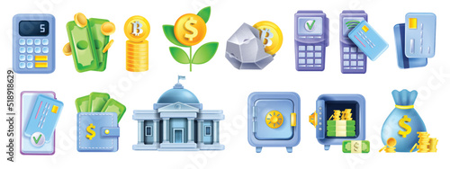3D money bank icon set, credit card, locked safe, building, terminal, vector finance business kit. Online payment cashback wallet economy illustration. Bank icon collection, briefcase, calculator.