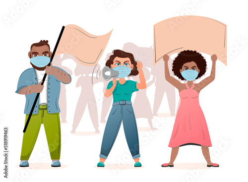 Protesting angry people with a woman leader shouting with a bullhorn, supporting a rally of activists with flags and blank posters in medical masks.