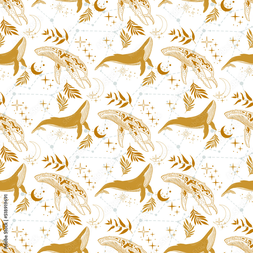 Seamless pattern with a whale. Mystical whale. Pattern with moon, stars, constellation. Seamless pattern with a whale. Mystical whale. Pattern with moon, stars, constellation.
