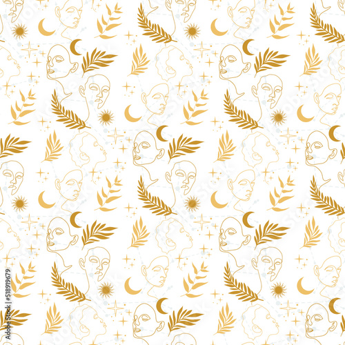 Seamless pattern with abstract face of a girl. Pattern with face, stars, moon, constellation, herbs.