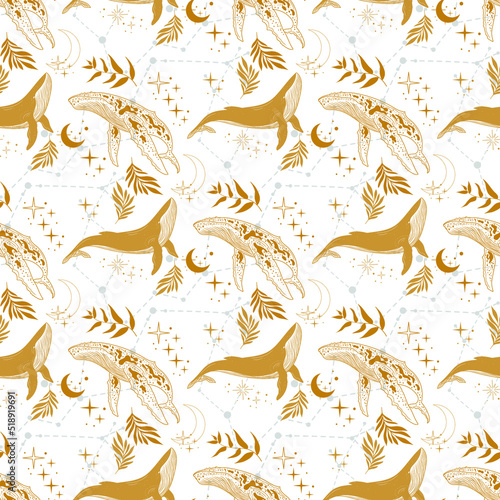 Seamless pattern with a whale. Mystical whale. Pattern with moon, stars, constellation.