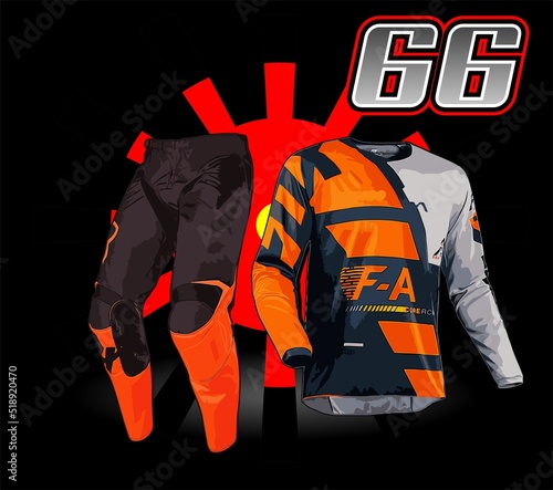 orange motocross t shirt and orange helmet with serial number 66