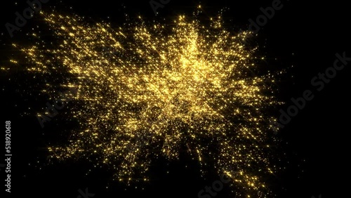 Abstract Golden glitter explosion in slow motion Bokeh background with shining defocus blurred sparkles dust macro close up isolated on black with alpha channel