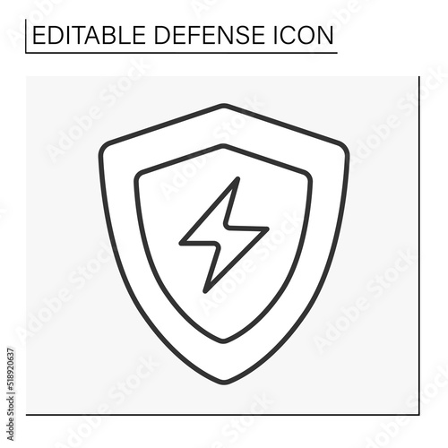  Shield line icon. Dangerous sign. Lightning. High voltage. Defense concept. Isolated vector illustration. Editable stroke