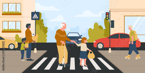 Polite kid holding senior hand to help cross city road at pedestrian crossing vector illustration. Cartoon girl with good manners and elderly man walk on crosswalk background. Courtesy concept