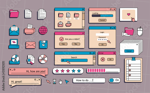 A set of user interface elements, UI and UX themes. In the vaporwave style of the 80-90s, retro collage. Vector illustration of windows and icons .