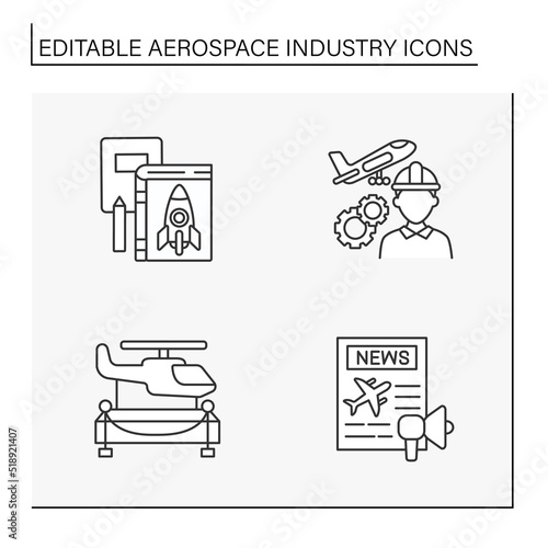  Aerospace industry line icons set. Helicopter, rocket and plane designing. Aircraft concepts. Isolated vector illustrations. Editable stroke