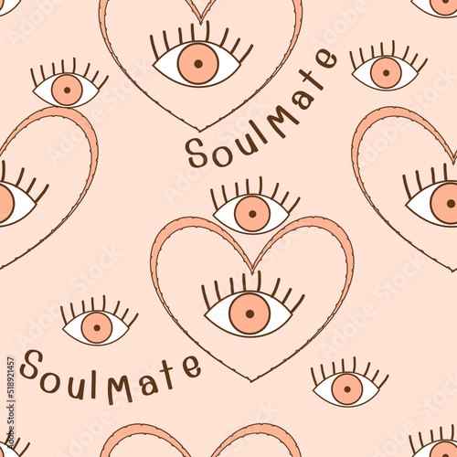 Seamless pattern with flowers and hand drawn eyes on orange background vector illustration.