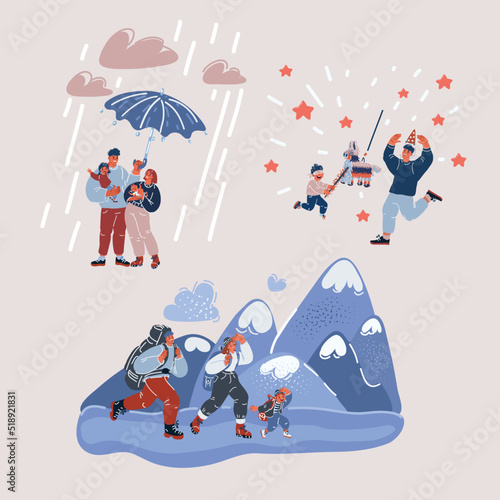 Vector illuatration of Happy family amily goes camping on mounting landscape, the husband holds an umbrella, the father and son play pinata photo