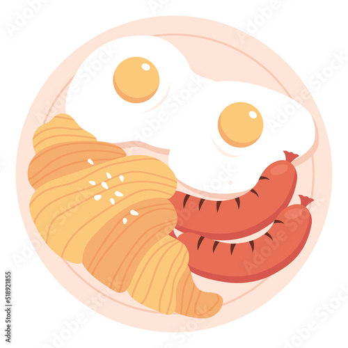 Tasty breakfast. Fried eggs with sausages and croissant isolated on a white background.