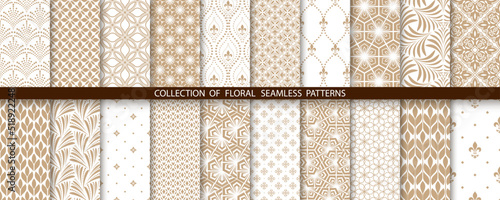 Geometric floral set of seamless patterns. White and gold vector backgrounds. Simple illustrations