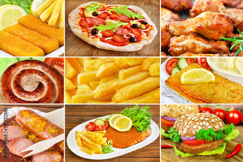 Gerichte mit Transfetten in Pizza, Schnitzel, Pommes Frites, Currywurst, Hamburger, Chicken Wings und Fisch