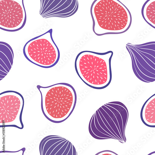 Tropical seamless pattern with violet figs and fig slices. Hand drawn fruits fig pattern on white background. for fabric, drawing labels, print, wallpaper of children's room, fruit background