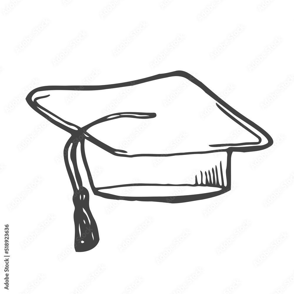 Graduation cap icon. Outlined on white background. Line sketch