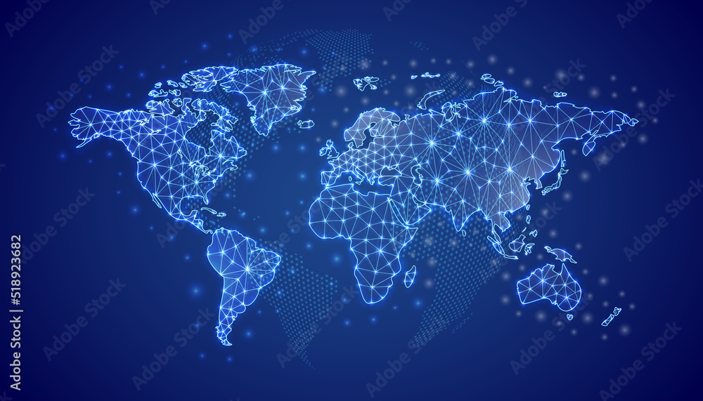 World Map 3d low poly symbol with blue world map background. Travel concept design illustration. Earth planet polygonal symbol with connected dots