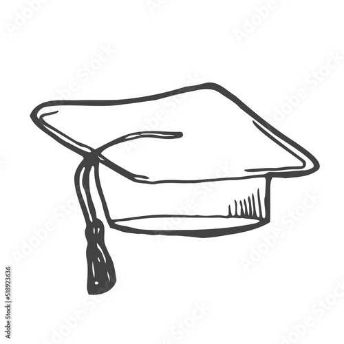 Graduation cap icon. Outlined on white background. Line sketch