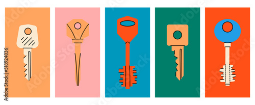 Set of house keys. Colored various posters with hand drawn house keys. Modern door keys isolated on colored background. Home security illustration