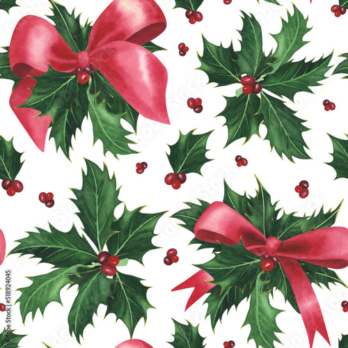 Christmas holly with red bow seamless pattern isolated on white. Watercolor hand drawn illustration. Art for design