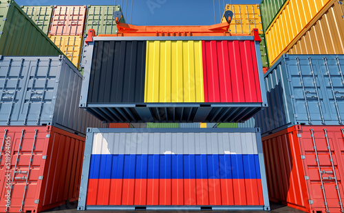 Cargo containers with Belgium and Russia national flags. 3D Rendering
