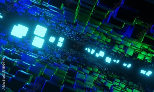 Abstract geometric background sci-fi of cubes or space, blue green neon glowing light, 3d render.