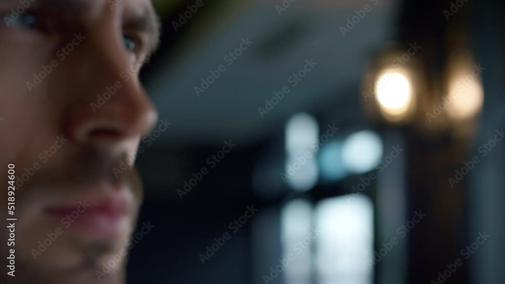 Confident entrepreneur resting bar closeup. Determined masculine face expression Confident entrepreneur resting bar closeup. Determined masculine face expression