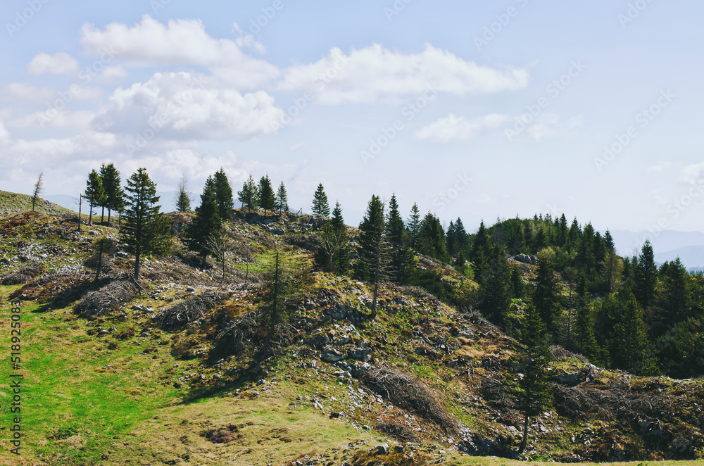 Velika Planina or Big Pasture Plateau in the Kamnik Alps, Slovenia. Mountain cottage hut or house on green hill. Alpine meadow landscape. Eco farming Velika Planina or Big Pasture Plateau in the Kamnik Alps, Slovenia. Mountain cottage hut or house on green hill. Alpine meadow landscape. Eco farming