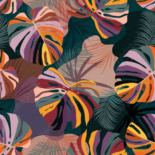 Colour Tropical monstera and palm leaves seamless pattern