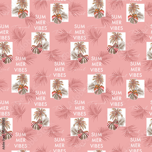 Tropical Summer Vibes , seamless pattern palm tree vector Illustration