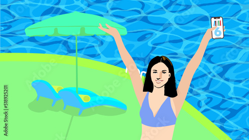 A beautiful black-hair  young woman raises both arms in bikinis   standing on the edge of a swimming pool with a large parasol, two Chaise longues, vector illustration