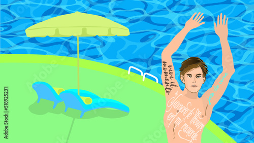 A handsome young man raises both arms with body paint  standing on the edge of a swimming pool with a large parasol, two Chaise longues, vector illustration