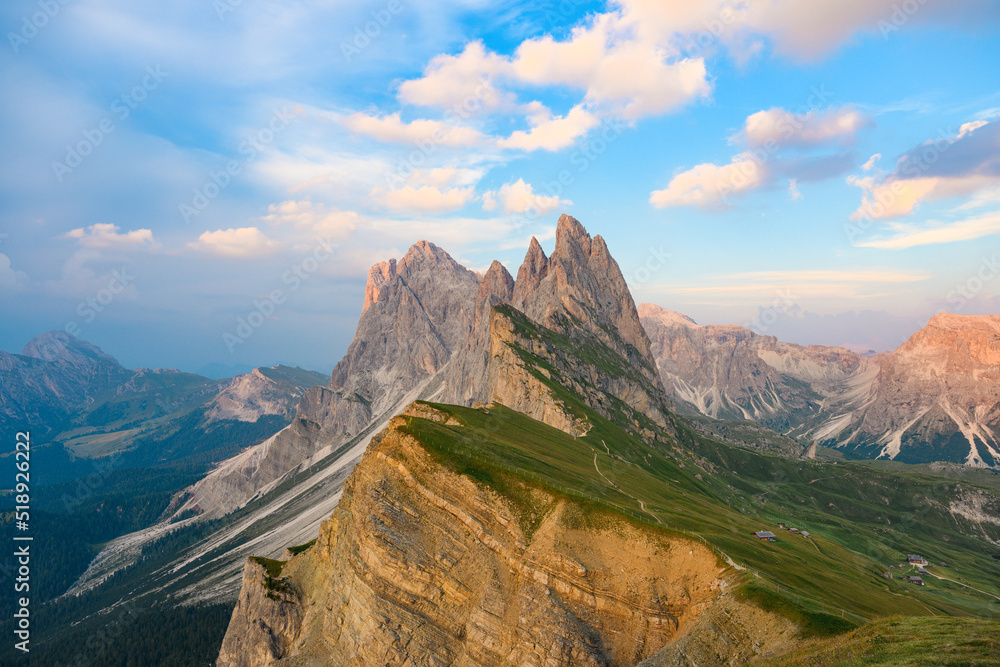 Breathtaking view of Seceda during a beautiful sunset. The Seceda with its 2.500 meters is the highest vantage point in Val Gardena, Dolomites, Italy.