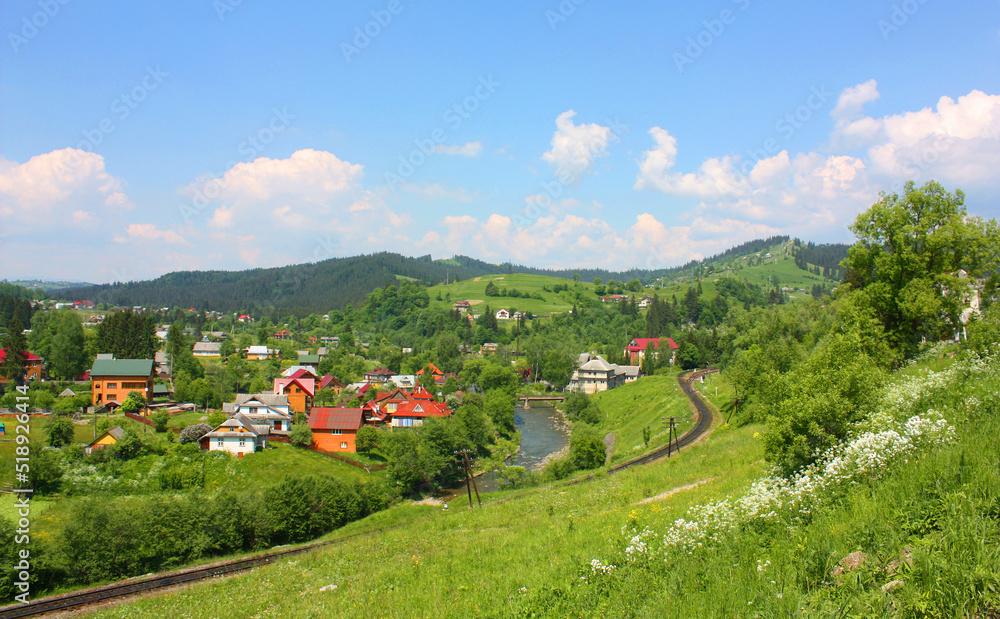 Landscape in the village Vorokhta with river in the Carpathian Mountains, Ukraine