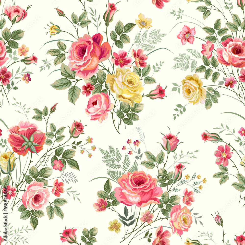 seamless floral pattern with rose bouquet on white background
