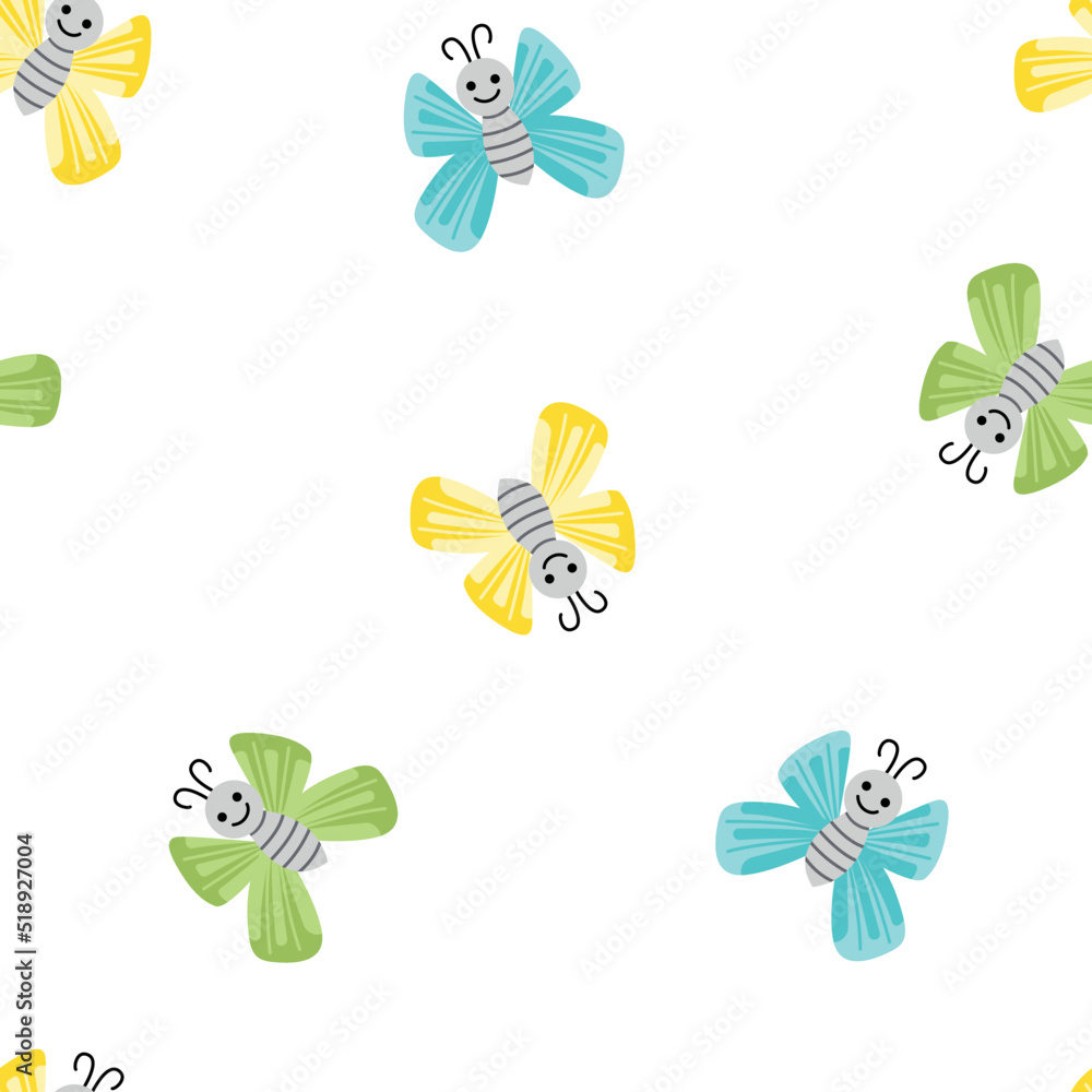 Jolly butterfly. Bright seamless pattern with colorful butterflies. Flat, cartoon, vector