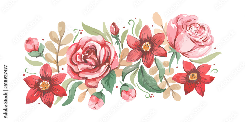 Hand drawn watercolor artwork. Live flowers with rose petals, buds and leaves.