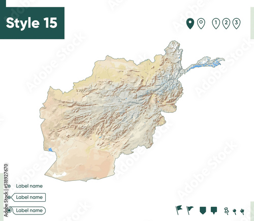 Afghanistan - map with shaded relief, land cover, rivers, lakes, mountains. Biome map.