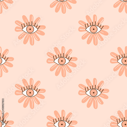 Seamless pattern with flowers and hand drawn eyes on orange background vector illustration.