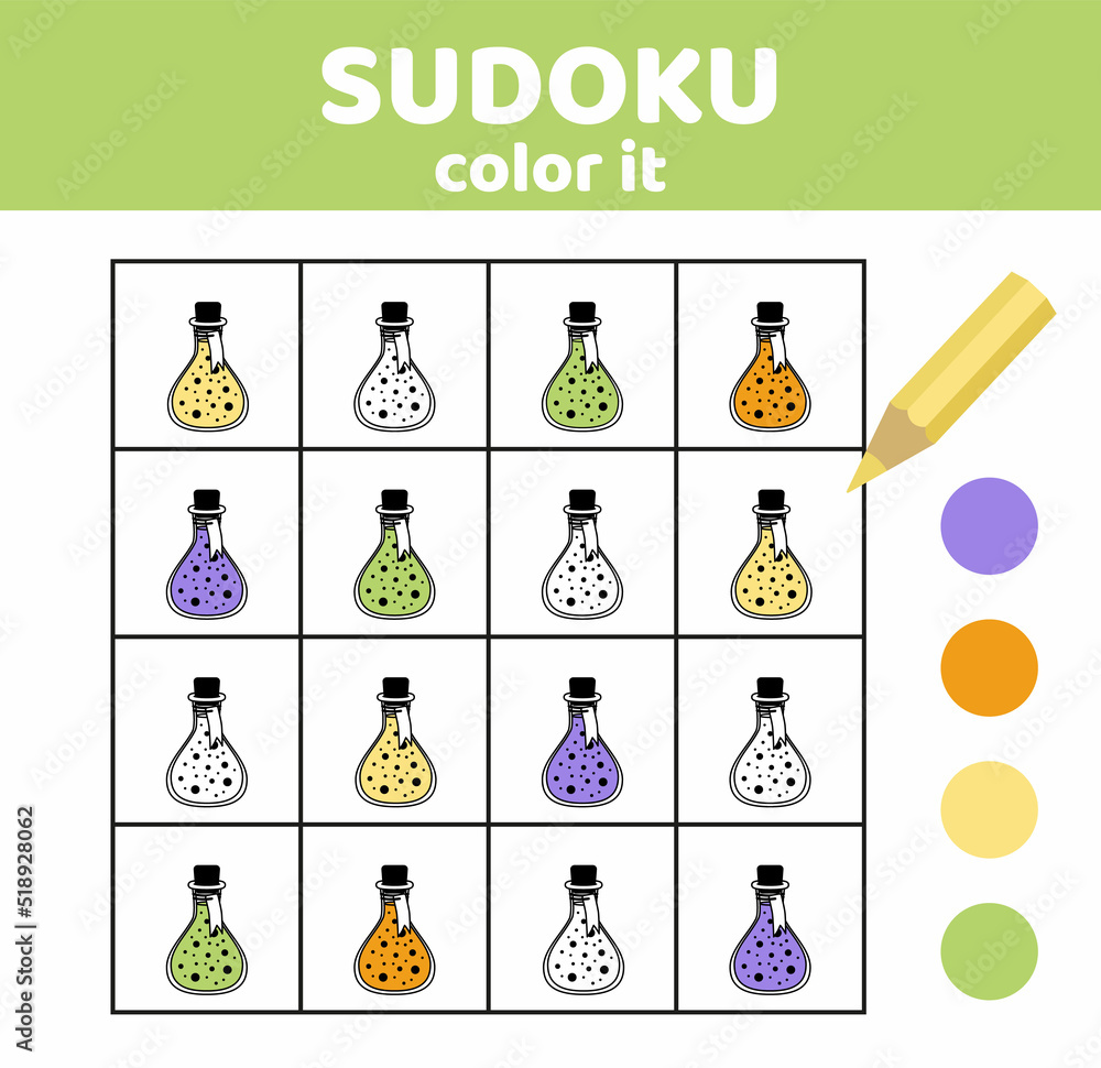 Fototapeta premium Sudoku. Potion bottles. Coloring sudoku with potion bottles. Halloween. Cartoon