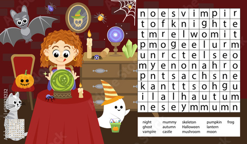 Witch. Soothsayer. Halloween word search game puzzle for kids. Cartoon, vector