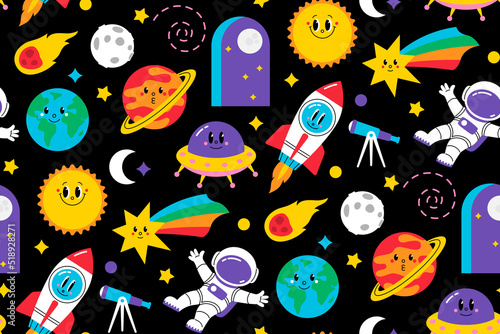 Cartoon space seamless pattern. Vector background with rocket, planets, astronaut, comet, stars, telescope, moon and sun