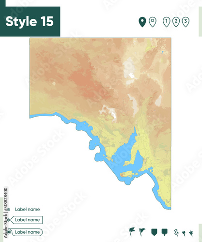 South Australia, Australia - map with shaded relief, land cover, rivers, lakes, mountains. Biome map.