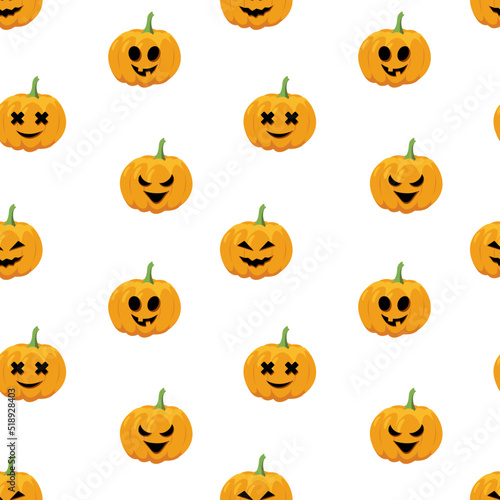 Halloween seamless pattern with pumpkin or Jack o Lantern. Cartoon, flat, vector