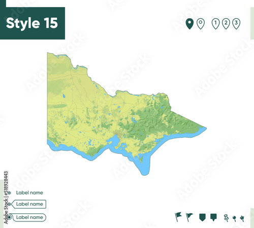 Victoria, Australia - map with shaded relief, land cover, rivers, lakes, mountains. Biome map.